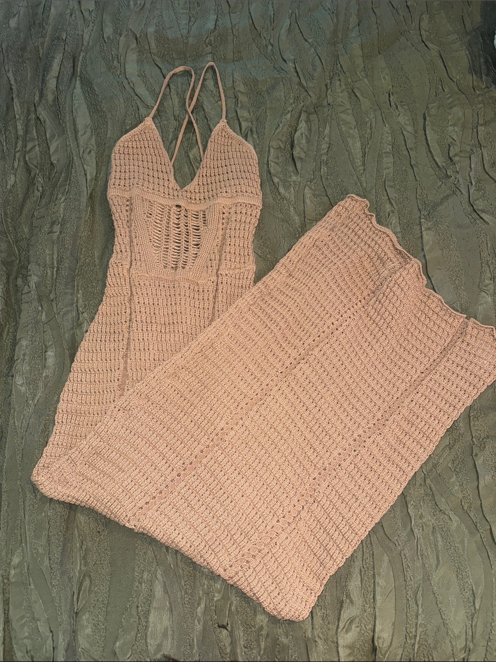 Crochet Spaghetti-Strap Jumpsuit & Skirt Set - Blush